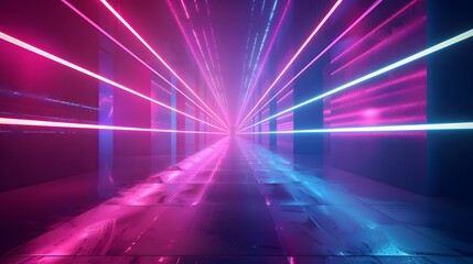 An abstract futuristic background with colorful laser beams, glowing lines, light rays on a dark backdrop. This digital illustration resembles an illuminated tunnel or stage for show presentations.