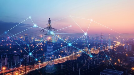 A visualization of data analytics used by smart grids to predict electricity demand and adjust supply accordingly, shown as a graph overlay on a cityscape at dusk.