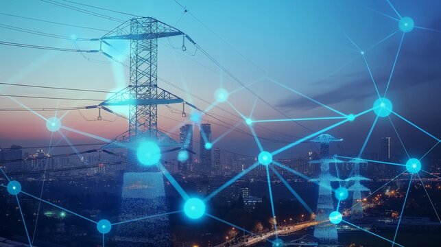 A visualization of data analytics used by smart grids to predict electricity demand and adjust supply accordingly, shown as a graph overlay on a cityscape at dusk.