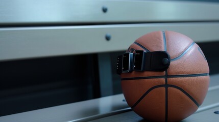 A wearable armband for basketball players that monitors performance metrics like jump height and arm movement, shown next to a basketball on a bench.