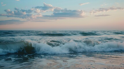 Fototapeta premium Gently Crashing Twilight Waves: A Soothing Ocean Symphony