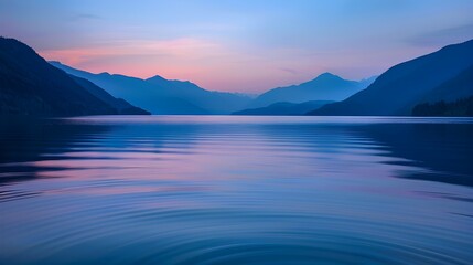 Tranquil Twilight Lake Reflections Reveal Distant Mountain Silhouettes