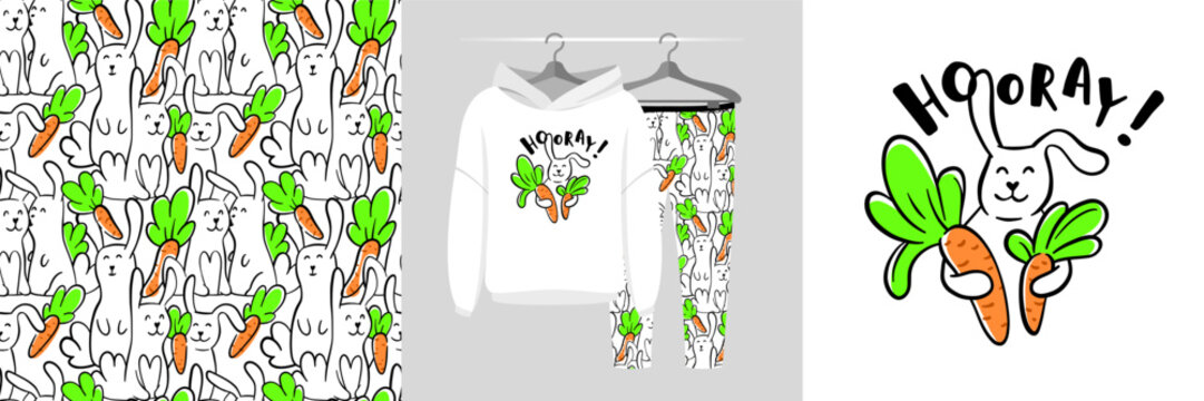 Seamless pattern and illustration for kid with rabbit hugs carrots. Best friends bundle. Hooray text. Cute design pajamas. Baby background for fashion t-shirt print, birthday invitation card, wrapping
