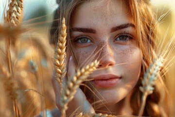 The close-up of the beautiful woman's face, framed by the swaying wheat field, highlights her natural beauty and the harmony of nature