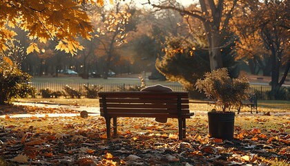 Empty wooden bench in an autumn park with golden leaves and warm sunlight.