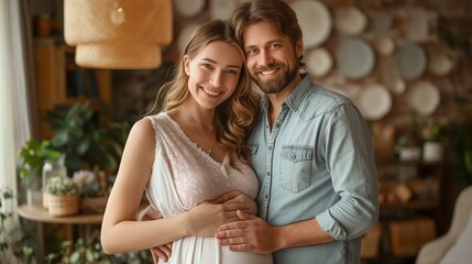 Fototapeta premium young pregnant woman and her husband lovingly stroking her growing belly