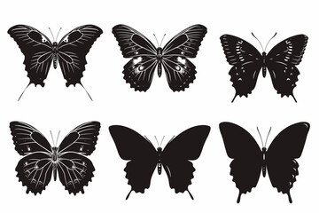 Set of butterflies silhouettes drawing on isolated background. Hand drawn butterfly vector illustration