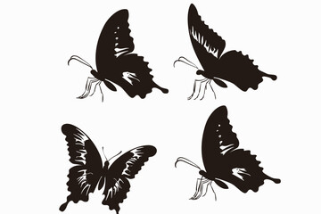 Set of butterflies silhouettes drawing on isolated background. Hand drawn butterfly vector illustration