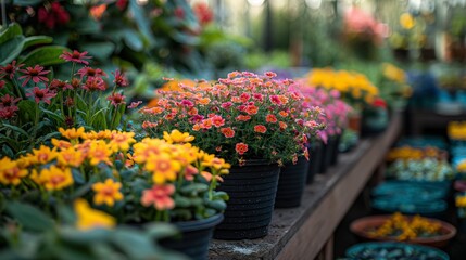 Various multicolored flowers growing in pots in greenhouse in garden center