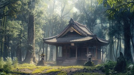 Fototapeta premium Serene Half-Empty Wooden Temple Nestled in the Peaceful Forest Setting