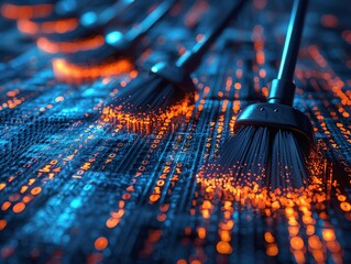 Data Cleaning 3D brooms and brushes cleaning up data points, highlighted by cleansing light