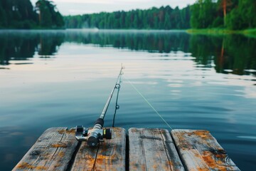 a image of a fishing rod on a dock near a lake