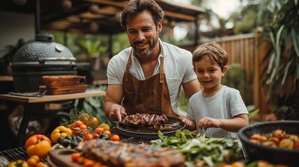 Father with little son grilling outside during family summer garden party