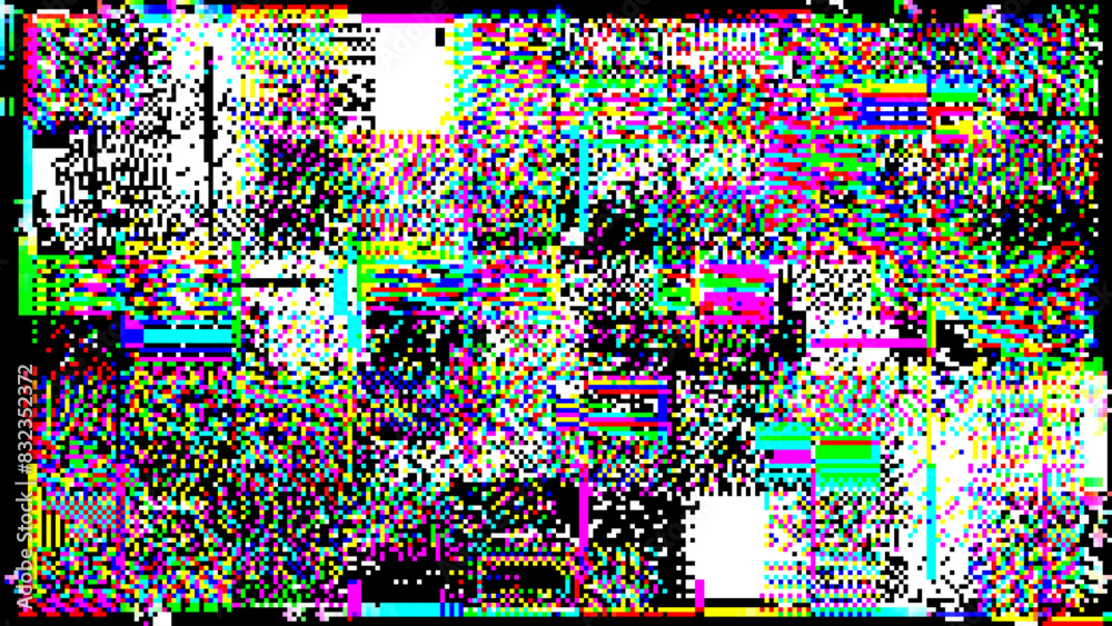 Aufkleber Colorful Rainbow Glitch Broken Screen Effect. Abstract Digital Pixel Noise Glitch Error. Computer Corrupted Memory BSOD Damaged Data Visualization. Overlay Texture Effect Vector Illustration.