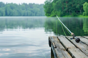 a image of a fishing rod sitting on a dock next to a lake