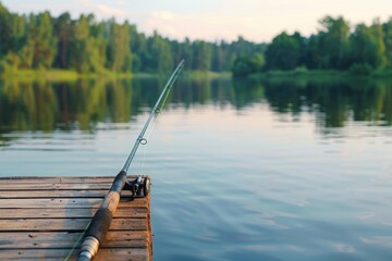 a image of a fishing rod sitting on a dock next to a lake