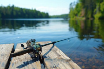 Fishing Rod on Wooden Dock by Calm Lake