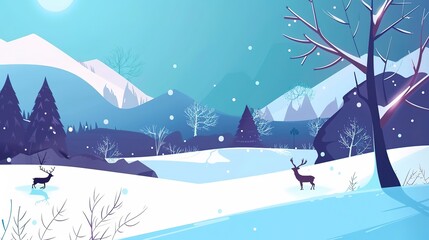 Snowdrifts landscape poster flat design front view wildlife in winter theme animation Tetradic color scheme