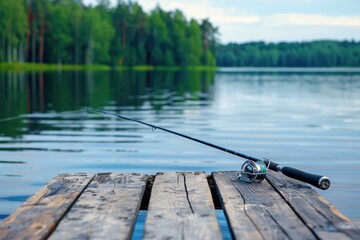 Fishing Rod on Wooden Dock by Calm Lake