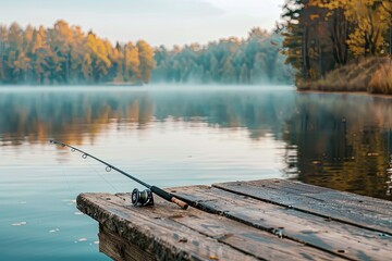 a image of a fishing rod sitting on a dock near a lake