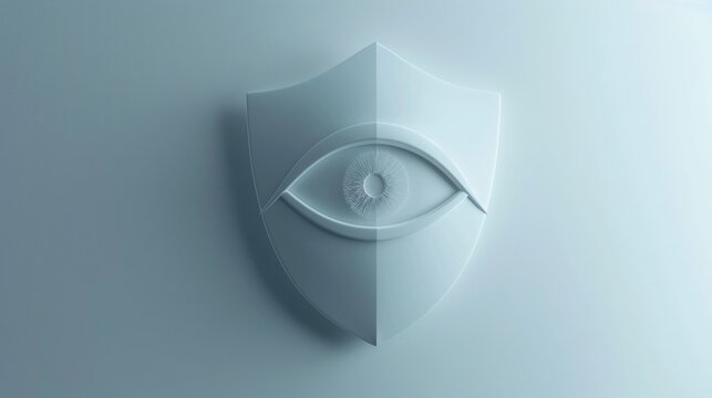 Abstract ing of a shield with an eye symbol in the center, representing security, protection, and surveillance on a light blue background.