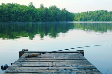 Naklejka premium a image of a fishing rod sitting on a dock next to a lake