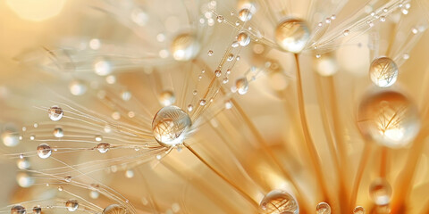 Obraz premium Close-up of dandelion seeds with dew drops in golden light, capturing the delicate beauty and intricate details of nature's morning magic