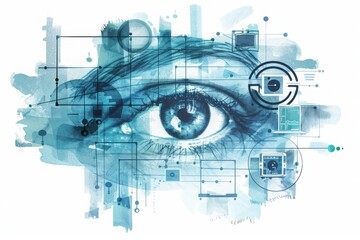 Abstract digital illustration of a blue eye with a high-tech, futuristic design, blending art and technology seamlessly.