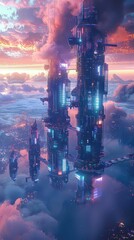 Floating futuristic buildings connected by sky bridges, holographic displays, vibrant blues and purples, 3D rendering, imaginative and advanced,