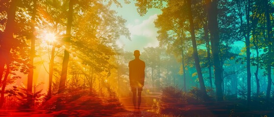 Silhouette of a person walking in a vibrant, colorful forest with warm and cool hues, radiating tranquility and mystery during sunrise or sunset.