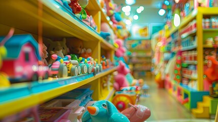 A playful, toy store background with shelves filled with colorful toys.