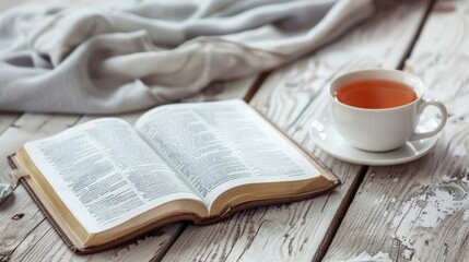 Wooden table with an open Bible and a cup of tea, symbolizing calmness and spiritual reflection