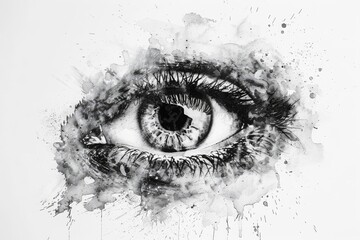 Fototapeta premium Artistic black and white eye sketch with intricate details and splatter effects, blending realism with abstract style on a white background.