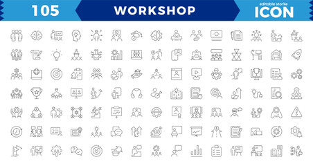 Workshop web icon set. collaboration, teamwork, partnership, goals, problem-solving and education,Workshop outline icons with Includes Presentation, Managing, editable stroke outline icon.