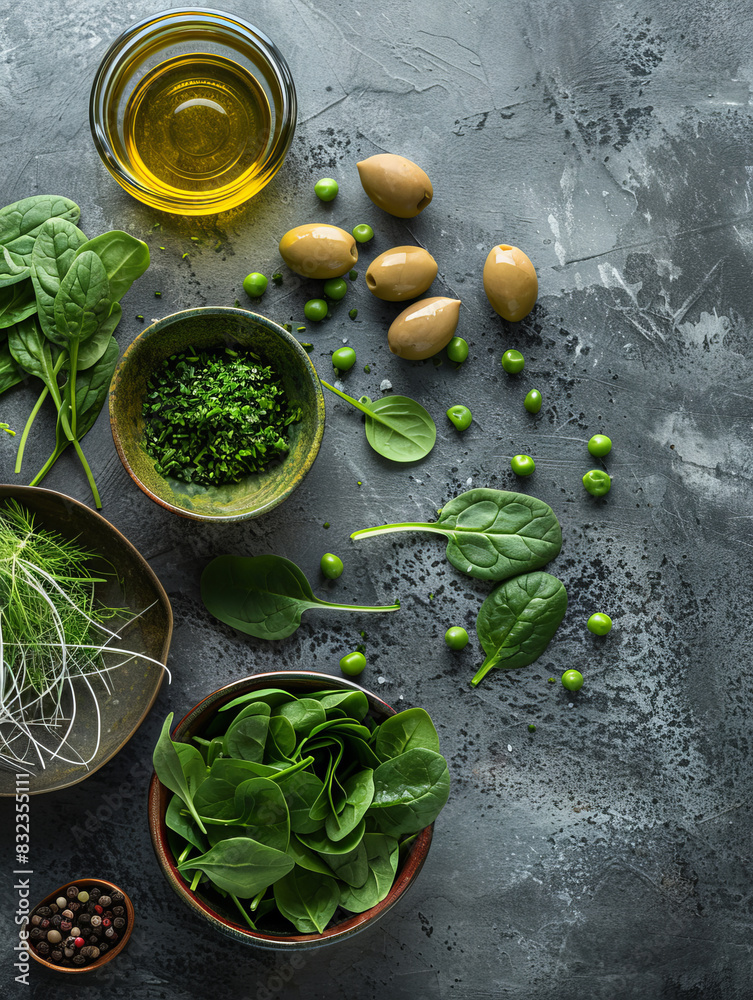 Wall mural Flat Lay with healthy salad ingredients in green on beautiful hand painted gray background, vertical top view
