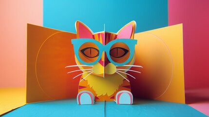 Colorful 3D pop-up cat illustration with glasses on a vibrant geometric background, showcasing creative design elements and artistic expression.