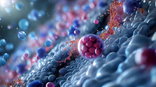 An artistic rendering of lipid-based nanoparticles in nutraceutical delivery, showing their enhancement of the bioavailability of vitamins and minerals.