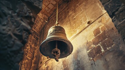 Fototapeta premium Church bell hanging in a tower, ancient and resonant, reflecting centuries of religious tradition