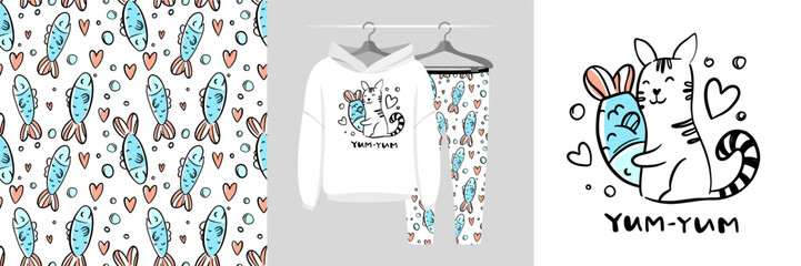 Seamless pattern and illustration with cat hugs fish. Best friends bundle. Yum-yum text. Cute design pajamas. Baby background for fashion t-shirt print, birthday invitation card, wrapping