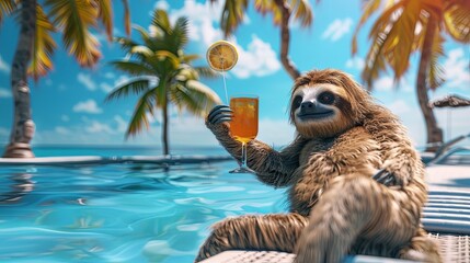 paradise with our delightful sloth, lounging with a refreshing cocktail by a sparkling pool - Powered by Adobe