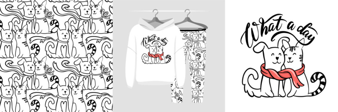 Seamless pattern and illustration for kid with dog and cat. Best friends bundle. What a day text. Cute design pajamas. Baby background for fashion t-shirt print, birthday invitation card, wrapping