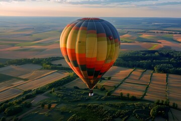 Fototapeta premium Stunning Aerial View of Scenic Hot Air Balloon Ride over the Serene Countryside