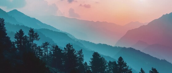 Breathtaking view of layered mountains with a colorful sunrise sky, creating a serene and tranquil nature landscape.