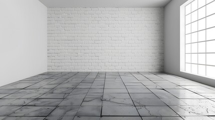 Obraz premium Empty room interior with a white brick wall and concrete floor, mock up for design presentation. Background of an empty studio or office space with white walls.