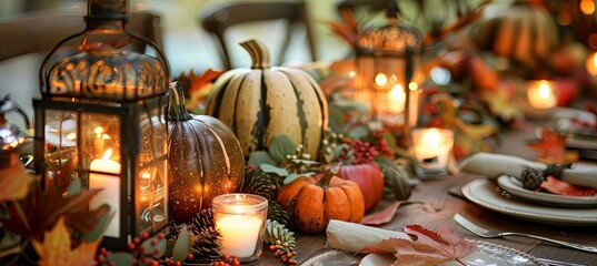 Fall-themed Table Setting with Pumpkins and Candlelit Lanterns