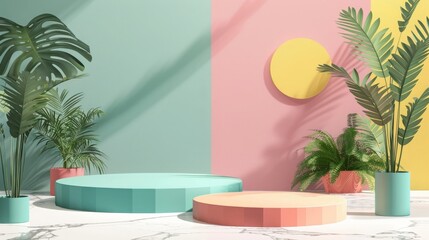 Fototapeta premium Colorful minimalist background with tropical plants, geometric podiums, and pastel colors. Modern interior design concept.