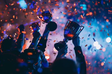 Hands holding trophies in a celebratory atmosphere with colorful confetti and vivid lighting, representing victory and success.