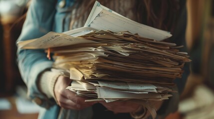 Close-up of woman holding a stack of old letters and papers and unpaid bills