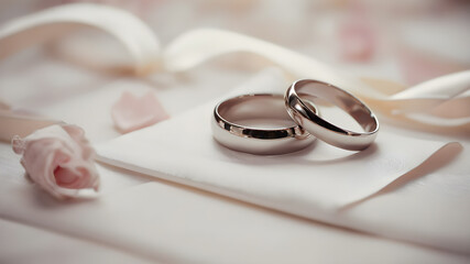 Elegant wedding rings placed on beige surface in light room with minimalist interior, Generative AI