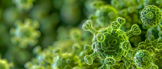 Microscopic View of Green Algae with Detailed Structures